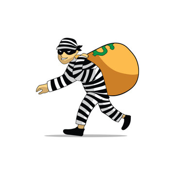 Cartoon Thief Character Vector &ndash; Robber in Striped Suit Carrying Money Bag