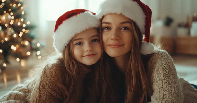 Happy mother and daughter wearing Santa hats celebrating Christmas together in cozy setting with a beautiful tree in the background, showcasing joyful family moments and festive holiday spirit.