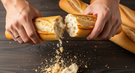 Hands breaking fresh rustic baguette on wooden table with crumbs
