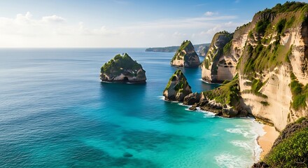 A breathtaking panoramic view of a tropical coastline featuring turquoise ocean, dramatic limestone cliffs, and lush green vegetation under a clear blue sky.