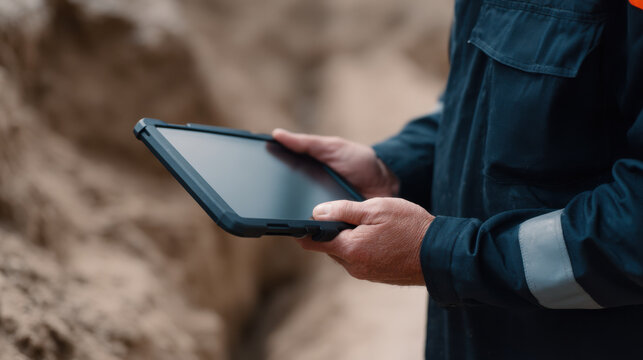 Rugged tablet held by worker wearing dark blue uniform with reflective stripe, used for industrial or construction site tasks outdoors