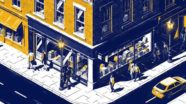 Yellow Store Building Corner Street View with People Blue Sidewalk Graphic