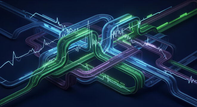 Futuristic Data Network Stream, abstract technology background showing information flow on digital graphs. Complex data network connection, information pipeline analysis, big data technology.