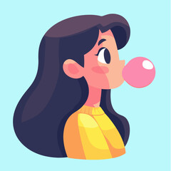 Colorful Illustration of a Girl Blowing Bubblegum