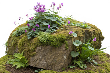 Cutout rock surrounded by flowers. Garden design isolated on transparent background. Flowering shrub and green plants for landscaping. Decorative shrub and flower bed