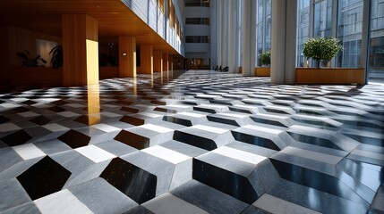 Geometric Pattern of Black and White Floor Tiles in Modern Interior Space with Natural Light