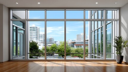 Obraz premium Spacious Modern Interior with Large Windows Offering Urban View and Natural Light in Contemporary Setting