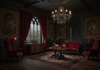 Luxurious Gothic Sitting Room with Red Velvet Furniture, Ornate Chandelier, and Tapestries on Dark Walls, Creating an Elegant Ambiance