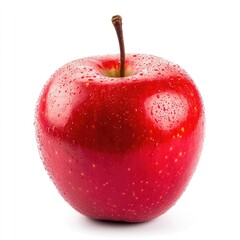 Single, vibrant red apple, glistening with water droplets, stem intact, against a pure white background