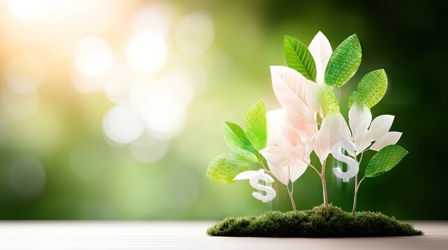 Digital Money Tree Growing on a Green Background