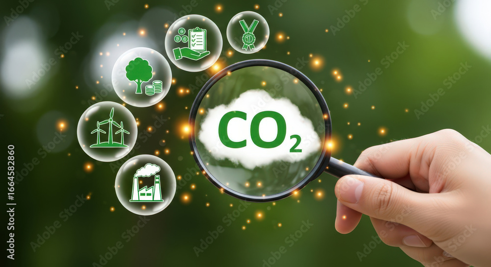 Poster examining carbon footprint reduction strategies a close look at sustainable practices and environmen