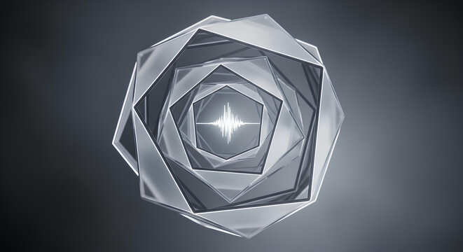 Abstract futuristic sound wave tunnel with a glowing audio signal core. Geometric digital frequency vortex, futuristic sound wave technology background with a central light pulse.