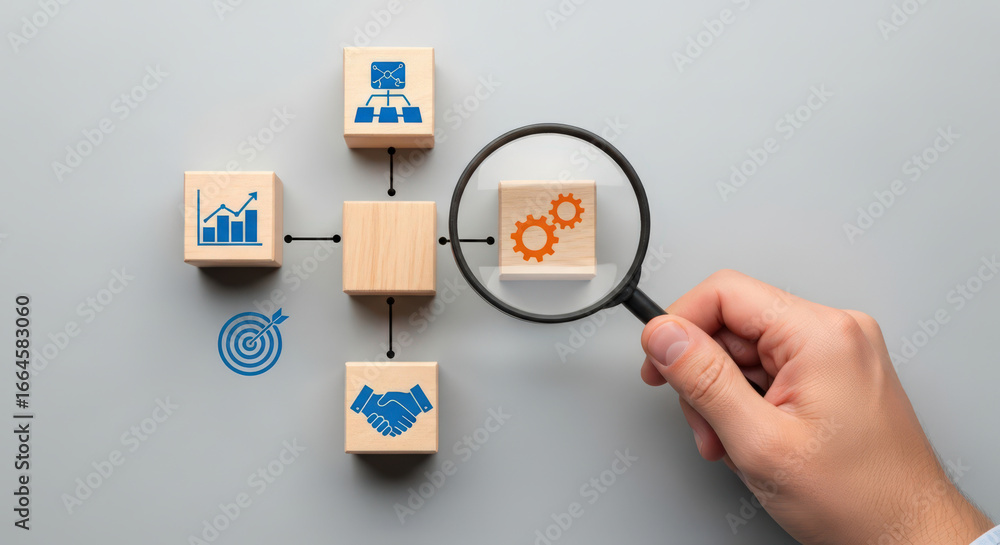 Aufkleber business process examination a magnifying glass inspecting interconnected wooden blocks representing