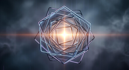 Abstract Geometric Core, Futuristic Glowing Shapes, Digital Energy Nucleus, Nested Rotating Squares Tunnel, Sci-fi Technology Portal Background, Luminous Abstract Core Light.