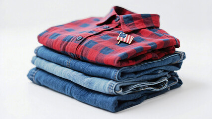 Crisp stack of folded flannel shirt and denim jeans adorned with a patriotic American flag pin, perfect for casual fashion or lifestyle themes