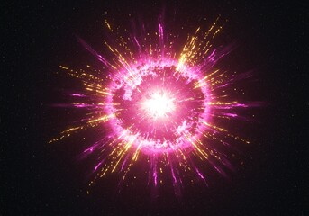 Explosion of bright pink and yellow sparks radiating outwards from a central glowing core against a dark background, a stunning visual representation of cosmic energy and power