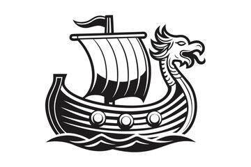 Black Viking Ship with Dragon Head and Wavy Water on White Background