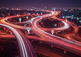 Futuristic highway interchange at night with glowing location pins, signifying smart city technology and digital navigation systems for advanced transportation networks