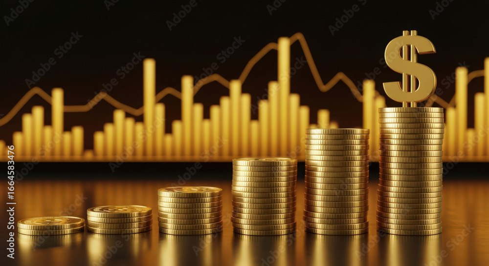 Poster financial growth and investment a stack of coins increasing in size with a dollar sign symbolizing w