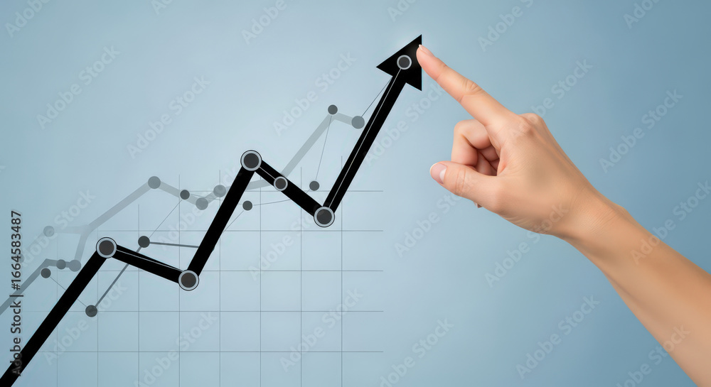 Poster analyzing business growth trends a hand guiding an upward arrow on a graph demonstrating progress an