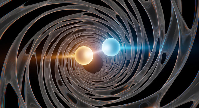 Quantum entanglement of glowing particles in a futuristic spacetime vortex, quantum physics particles interaction. Abstract science background of two entangled quantum particles.