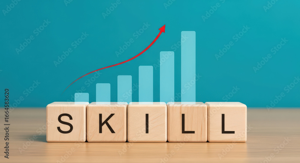Poster developing skills for success a conceptual image of wooden blocks spelling skill with a rising arrow