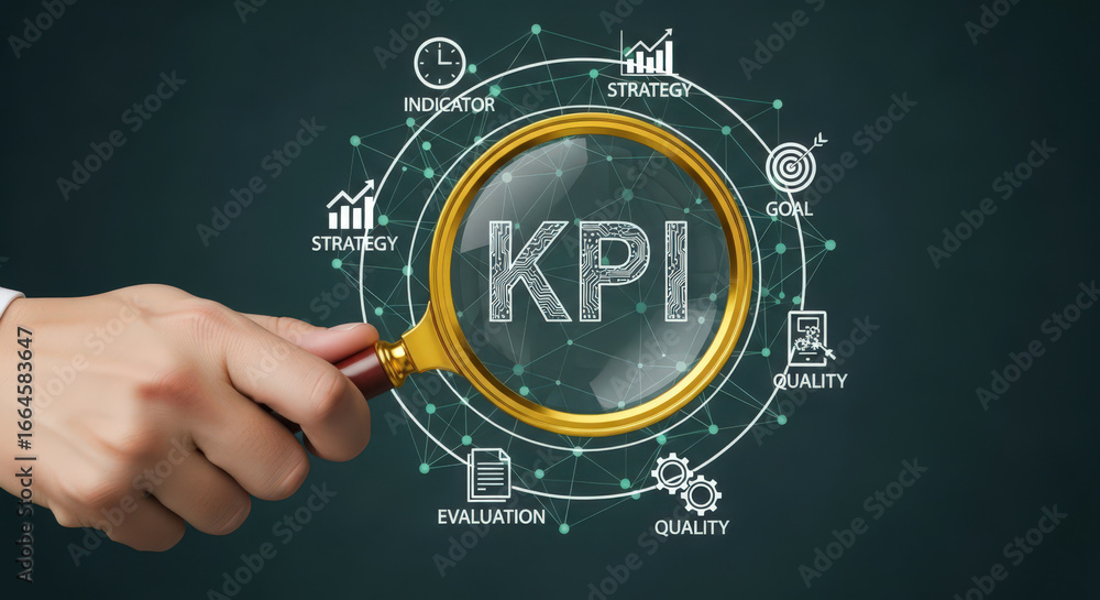 Poster key performance indicators a magnifying glass focusing on kpi surrounded by icons representing strat