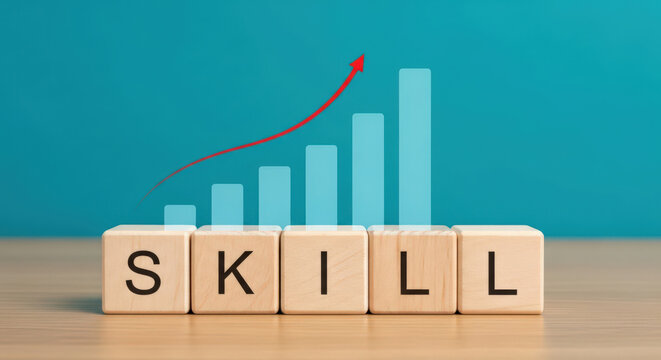 Developing Skills for Success A Conceptual Image of Wooden Blocks Spelling Skill with a Rising Arrow Graph Symbolizing Personal and Professional Growth