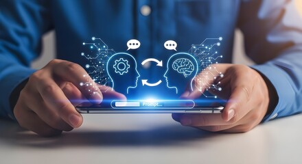 Person using smartphone with digital human heads and network connections symbolizing communication and technology