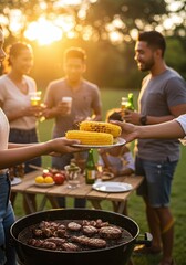 Friends enjoying a summer barbecue outdoors with grilled corn on the cob and steaks, raising glasses for a toast under the warm sunlight