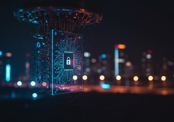 Digital security concept with a glowing padlock symbol superimposed on a motherboard chip against a blurred cityscape at night, representing cybersecurity and data protection