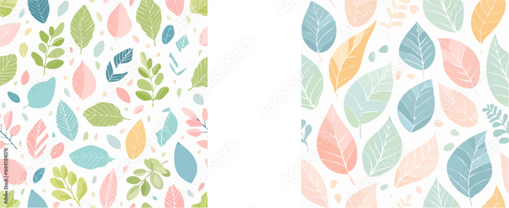 Poster a gentle botanical background featuring a pattern of colorful pastel leaves with a central white spa