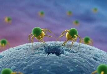 Microscopic view of sperm cells with green heads attached to an egg cell, illustrating fertilization and conception in a scientific context
