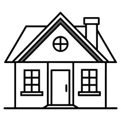 A simple line drawing of a house with a chimney and windows