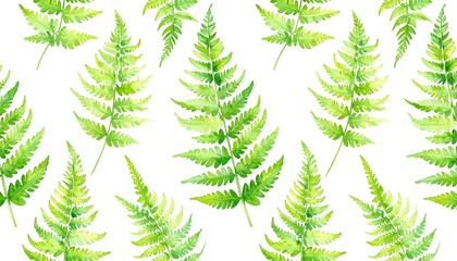 A repeating pattern of vibrant watercolor fern fronds against a stark white background.