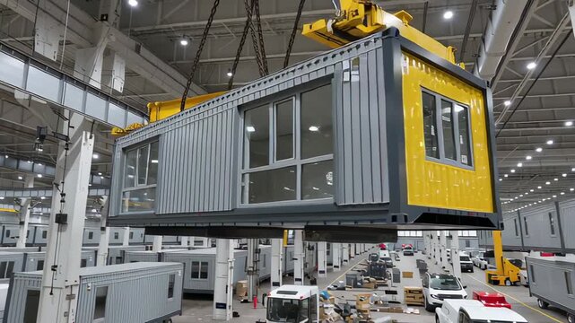 A large crane lifts a prefabricated modular building with windows, a modern container-based home, in a huge industrial factory, showing efficient construction and manufacturing.