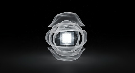 Futuristic glowing AI core cube, abstract quantum processor. This glowing energy cube represents a powerful AI technology core, a futuristic central processor with glowing data particles.