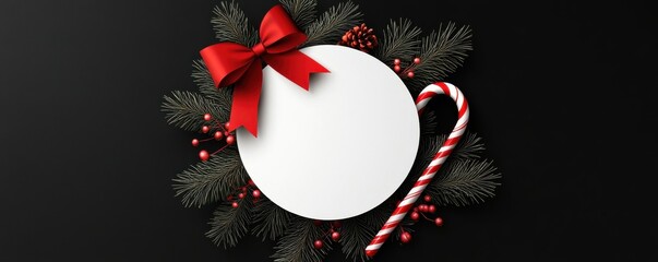 Christmas themed sticker with white circle, red ribbon, candy cane, and festive pine branches on black background