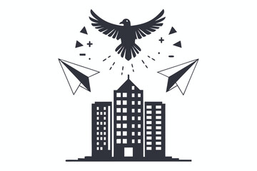 Minimalist with Flying Bird, Paper Planes, Geometric Shapes and Buildings