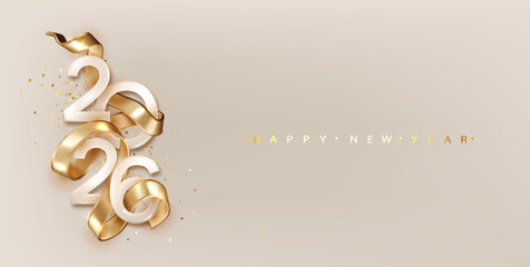 2026 Happy New Year eve. Celebration greeting card Banner with golden realistic number and ribbon