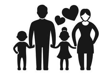 A happy family of four with hearts above them in black silhouette