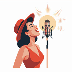Woman wearing a hat singing passionately into a vintage microphone, with a radiant light behind it, in a stylized vector illustration.