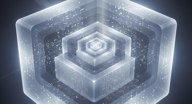 Futuristic quantum core processor, abstract digital data block background. Tech concept of a futuristic quantum core, a digital block processing information in a data network.