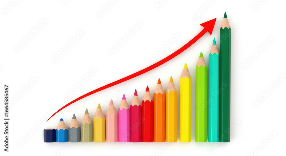 Poster colorful pencils arranged as a rising bar graph with a red arrow symbolizing growth and progress on 