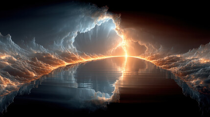 Obraz premium Surreal digital artwork depicts glowing bridge made of light crossing infinite chasm, with dramatic clouds and bright, fiery sunset in background, creating mystical and fantastical scene