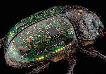 Macro shot of a beetle with a visible circuit board instead of its shell, symbolizing the fusion of nature and technology with a glowing green circuit board, on a black background