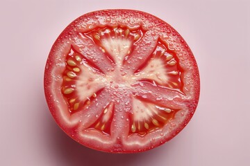 Una sección transversal vibrante de un tomate maduro sobre un fondo rosa suave.