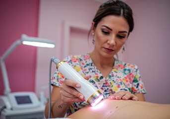 Female cosmetologist performs radiofrequency skin tightening treatment on a patient's back in a bright, modern beauty salon