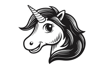 Cute Unicorn Head with Shiny Horn Black and White Cartoon on White Background