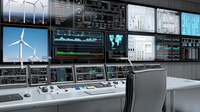 The main control room of a wind power plant is shown, with a multi-screen display monitoring real-time data and system performance for an entire field of turbines.